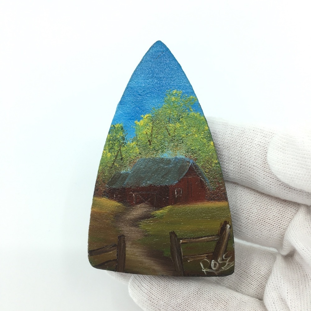 Antique Iron Hand Painted Oil Painting Rustic Farm Red Barn Signed Art Rose Mini - Picture 2 of 13